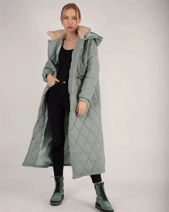 Manila Long Hooded Pleated Waist Quilted Coat Water Green