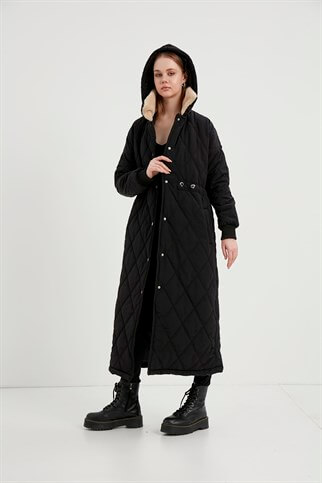 Long Hooded Pleated Waist Quilted Coat Black